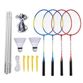 A complete badminton set with four rackets, two shuttlecocks, and a net displayed together on a table.